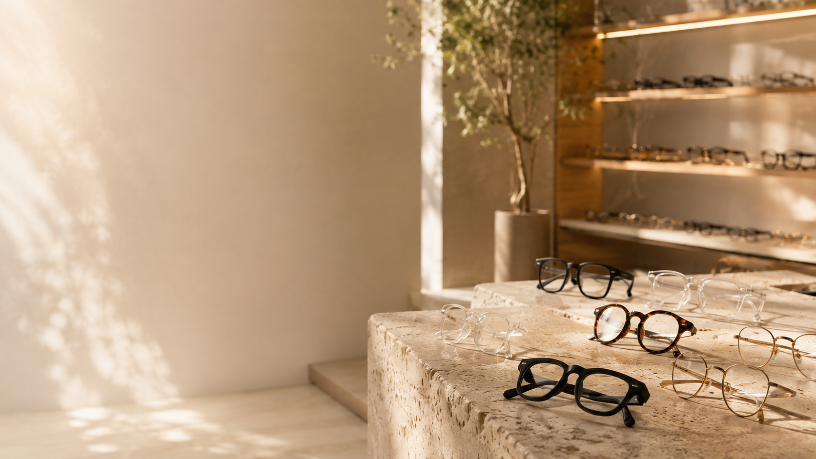 Colección de lentes DS exhibida en un espacio de tonos cálidos