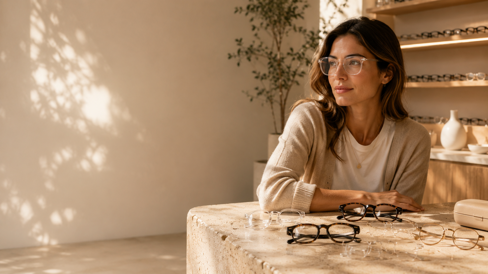 Mujer con lentes transparentes junto a una selección de modelos DS