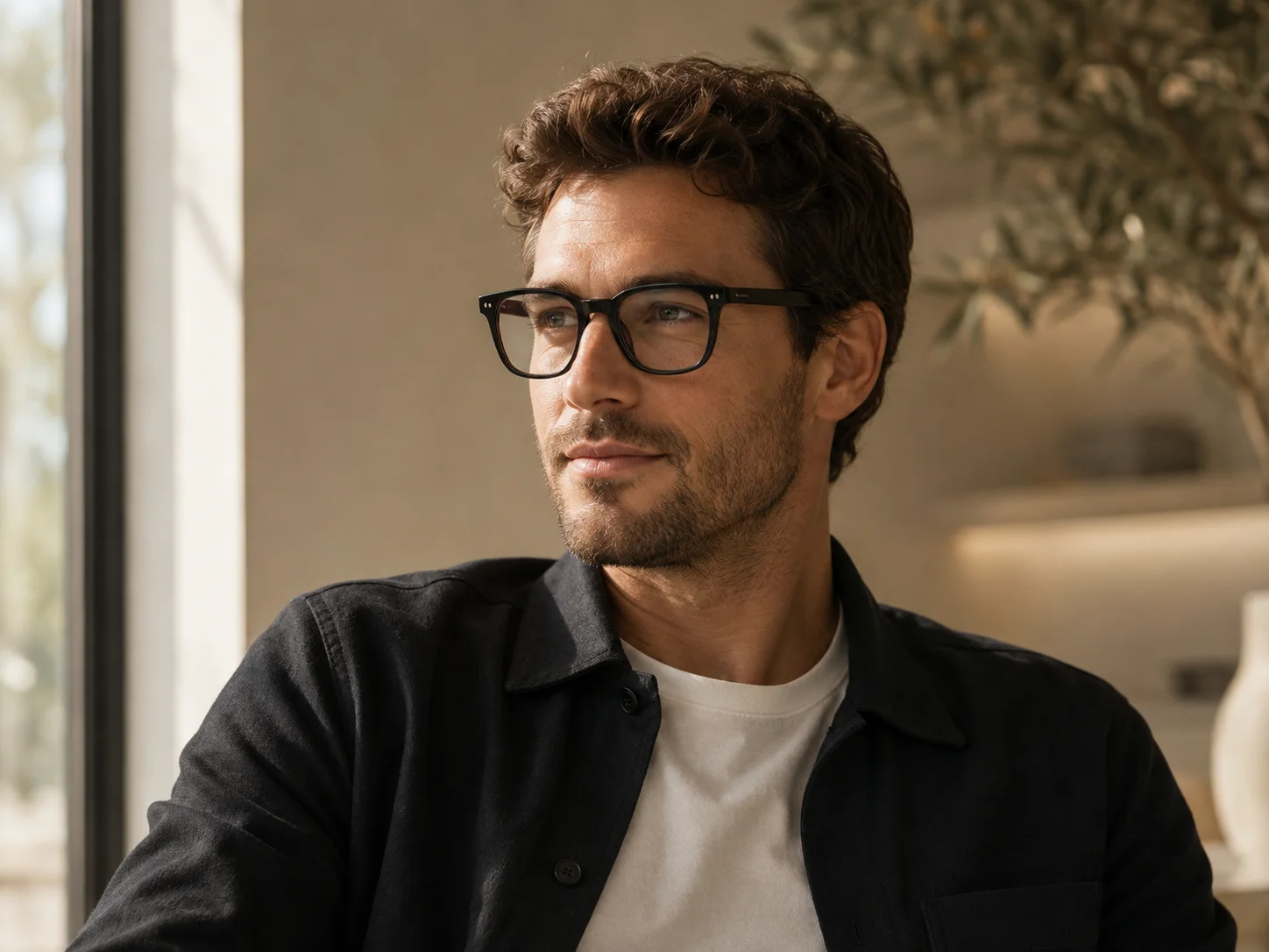 Hombre usando lentes de líneas oscuras en un entorno cotidiano