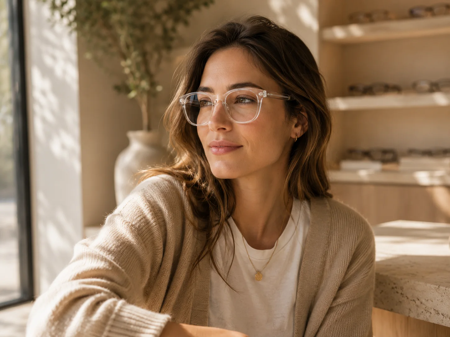 Mujer usando lentes transparentes en una escena de luz natural